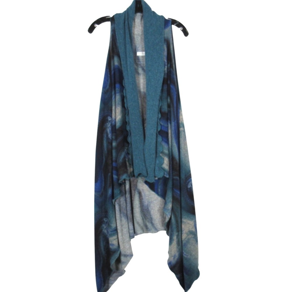 K.D. SPRING Blue/Green SWIRL KIMONO TOP Open Front DRAPED SWEATER CARDIGAN Sz M